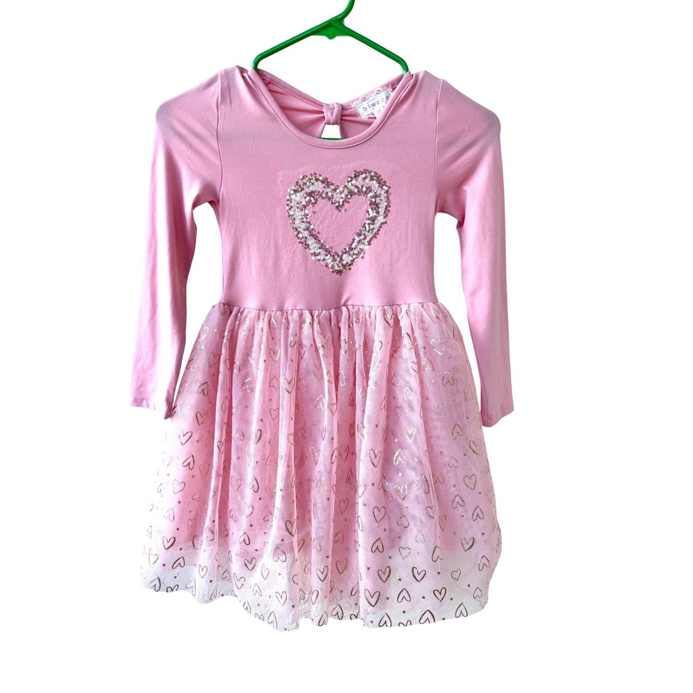 Btween Girls Pink Sequin Heart Tulle Dress Size‎ 6X Long Sleeve Valentine Party